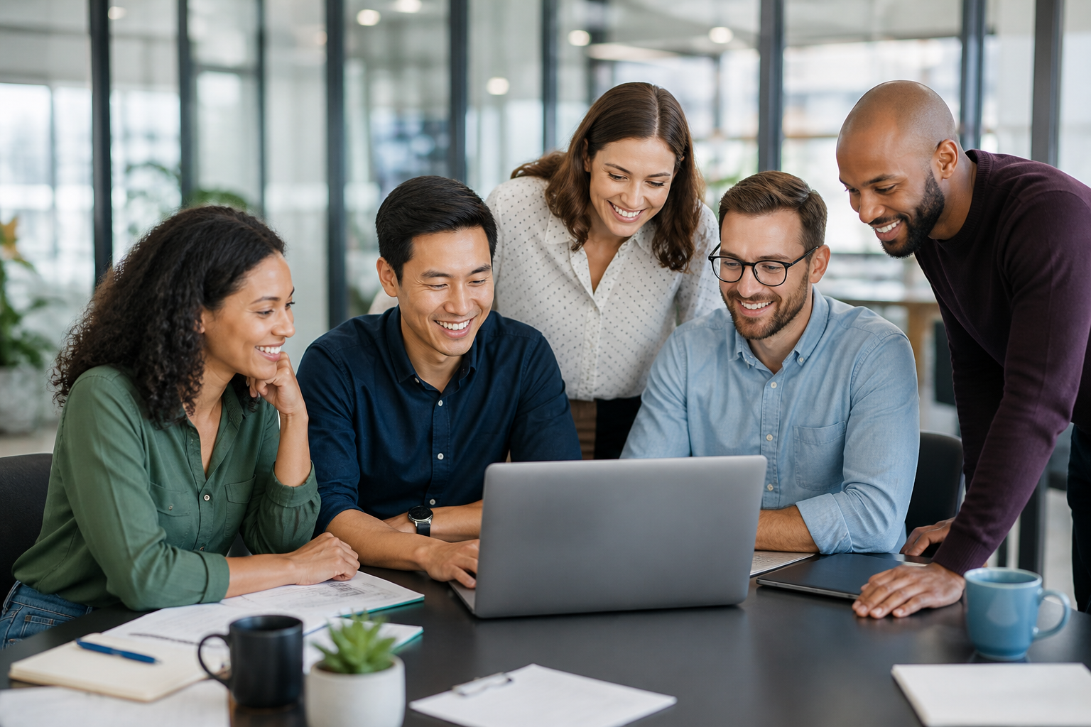 A diverse SkyShift Global team collaborating around a laptop