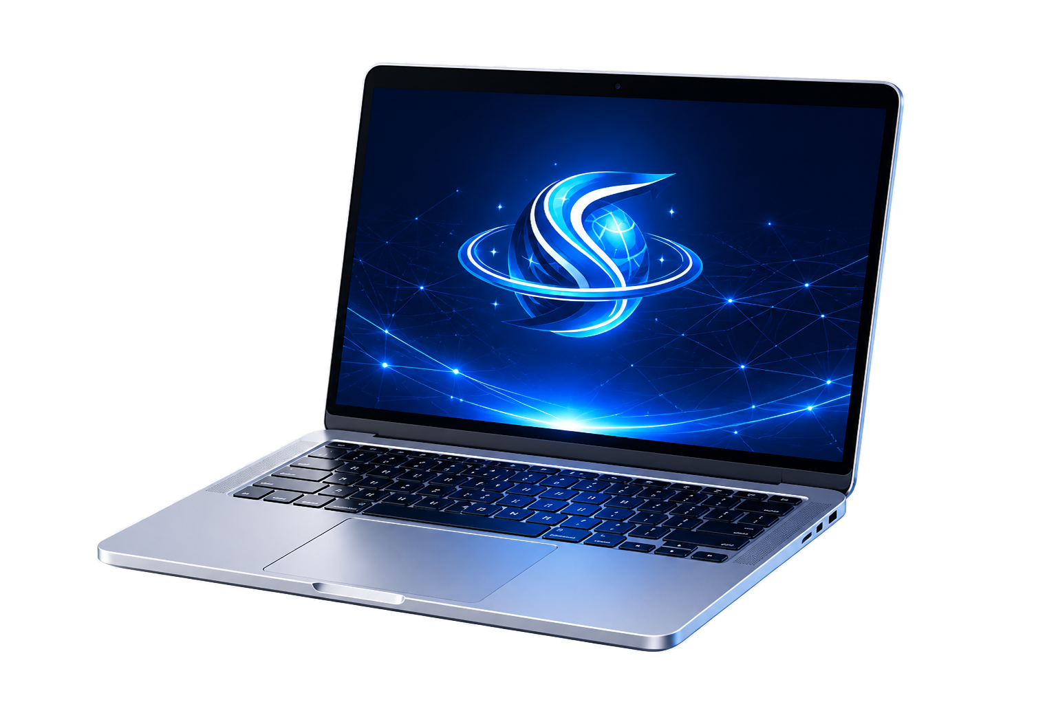 Silver laptop displaying an intelligent digital interface